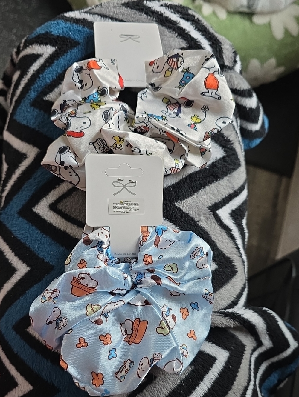 Kids Snoopy Print Satin Scrunchie Set - Blue & White